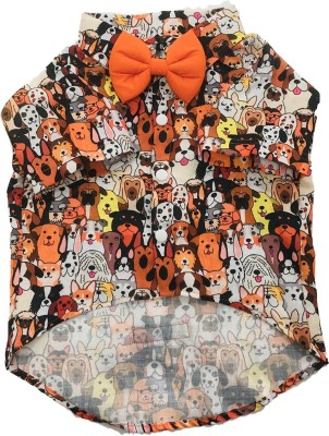 Dog-O-Bow Shirt for Dog(Orange White Doggo Print Short Sleeve Collared Classic Look Shirt With Bow)