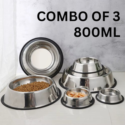 PhotoWalaa Cat/Dog Bowl Anti Skid Non Tip Cat Bowl 800ml 3 pack Steel Pet Bowl(800 ml Silver)