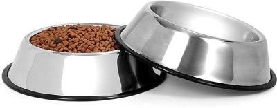 Hundur Store Heavy Quality Round Shape Anti-Skid Food / Drink Bowl for Dog (Pack of 2) Stainless Steel Pet Bowl(300 ml Silver)