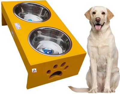 AG Shopee Pet Bowl, Dog Removable Bowl MDF Stand, Stainless Steel Food Water Double Bowls Stainless Steel, Wooden Pet Bowl(100 ml Yellow)
