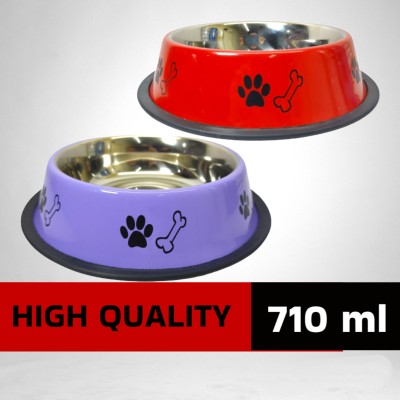 FOURESTA Large Dog Bowl 700 ml Combo Pack of 2 Feeding Bowls for Dog Non-Skid Dog Bowl Stainless Steel Pet Bowl(710 ml Purple, Red)