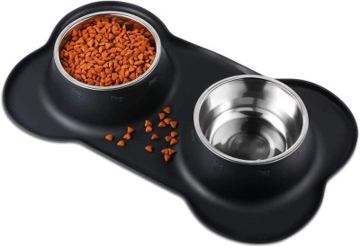 Zumie Stainless Steel Double Bowl With Non-Spill Silicone Mats Tray For Cats Dogs Silicone, Stainless Steel Pet Bowl(500 ml Black)