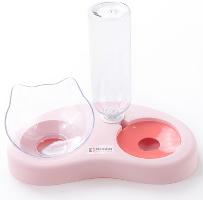 KUBER INDUSTRIES 2-in-1 Cat & Dog Bowl Set With Replaceable Water Bottle|Premium PP Plastic| Polypropylene Pet Bowl & Bottle(500 ml Pink)