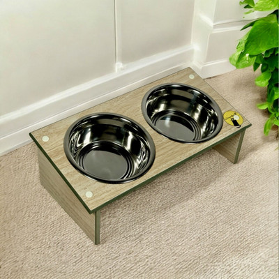 ClowderX - by MILESTONE ENDEAVOUR Basic Pet Feeding Bowls Stand for Cats and Dogs | 2 Removable SS Bowls Wooden Pet Bowl(400 ml Beige)
