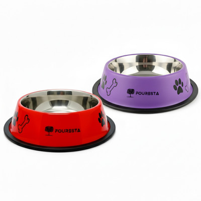FOURESTA Large Dog Bowl 700 ml Combo Pack of 2 Feeding Bowls for Dog Non-Skid Dog Bowl Stainless Steel Pet Bowl(710 ml Purple, Red)