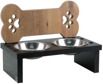 sabri shopee (MDFWOOD) Stand Whit 2 steel bowls Color Black Wooden Pet Bowl(1500 ml Black)