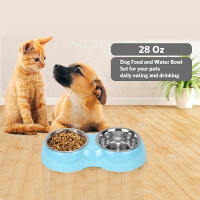 Emily Pets Double Stainless Steel Food Water Feeding Bowl Melamine Bowl for Dogs, Cat, Pets Melamine, Steel Pet Bowl(420 ml Blue)