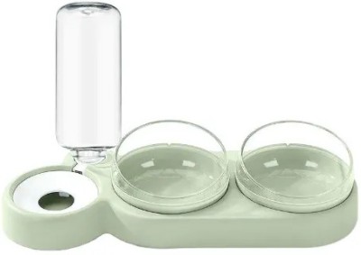 Gokich 3 in 1 Plastic Raised Cat Dishes Automatic Water Feeding Pet Double Bowls Polypropylene Pet Bowl & Bottle(1 L Green)