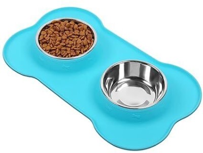 Furever Friends Double Bowl Pet Feeder Stainless Steel Food Water Bowls with Silicone Mat Silicone Pet Bowl(400 ml Blue)