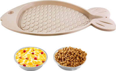 Animax Anti Skid Fish Shape Tray with Bowl Pet Bowl (250 ml Beige) Stainless Steel Pet Bowl(250 ml Beige)