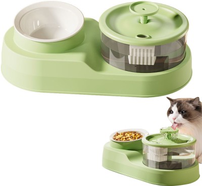 Zibuyu 2 in 1 Cat Food Feeder Cat Feeding Bowl with Electric Water Fountain Plastic Pet Bowl & Bottle(1.5 L Green)