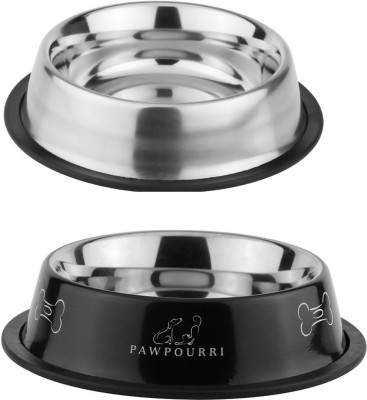 PAWPOURRI Combo of Premium Anti-Skid Feeding Bowls for Dogs, cats & Puppy Pet Bowl pack 2 Stainless Steel Pet Bowl(Each 700 ml Silver, Black)