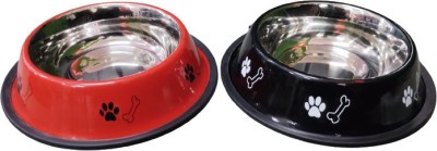 Petfun Stainless Steel Bone Printed Food Water Feeding Bowl for Dogs & Cat-(PACK OF 2) Stainless Steel Pet Bowl(800 ml Black, Red)