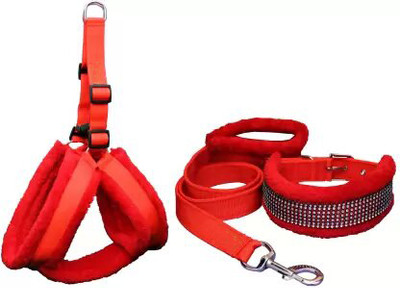 PETSPOPULAR Red Fur Adjustable Harness Collar & Leash Combo Dog Collar & Leash(Medium, Red)