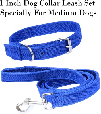WROSHLER ADJUSTABLE NYLON 1 INCH BLUE DOG COLLAR & LEASH SPECIALLY FOR MEDIUM DOG Dog Collar & Leash(Medium, BLUE)