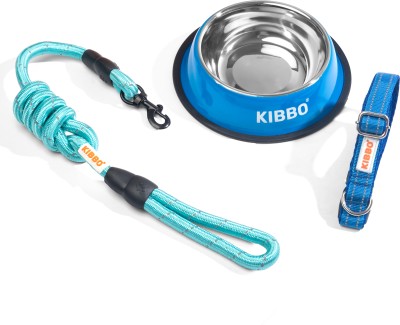 KIBBO Essential Kit For Dog Accessories, Combo Of Dog Bowl, Dog Collar & Leash(Medium, Blue)