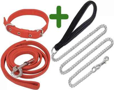 Quickato Combo Dog Chain Leash Collar & Belt Set Medium Dog Collar & Handle Chain Dog Collar & Chain(Medium, Red)