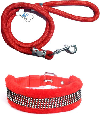 THE DDS STORE Dog Leash Stylish Rope Dog Cord Training Leash with Soft Fur Collar Dog Collar & Leash(Large, Red)