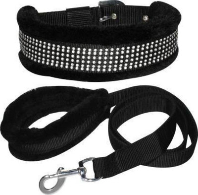 ALCAZAR Dog Fur Collar & Leash Combo Set (Recommended for 5-15KG Dog)) Dog Collar & Leash(Small, Black)