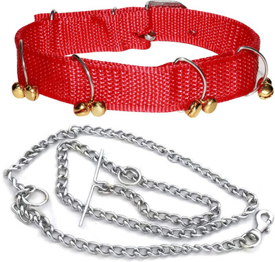 Quickato Good Quality Dog Belt Combo of Red Nylon Ghungroo Collar with Dog Chain Dog Collar & Chain(Medium, RED)
