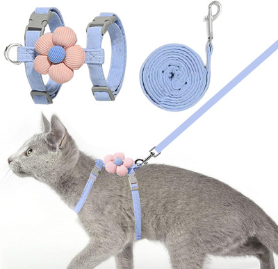 sannidhi Cat Harness and Leash Set Blue Flower Design Adjustable Quick Release for Cats Cat Harness & Leash(Small, Blue)
