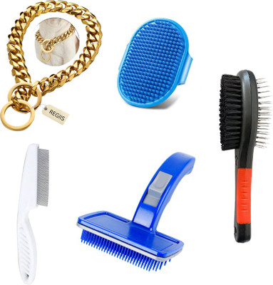 Regiis Brass chain+Bath brush+Double side brush+Flea comb+Slicker brush(Box of 5) Dog Everyday Collar(Medium, Multicolor)