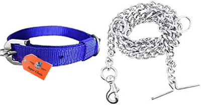 HOUSE OF COMMON CHAIN Dog Belt Combo Nylon Collar with Heavy Chain Leash | Dog Collar & Leash(Large, Blue)