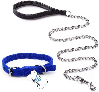 THE DDS STORE CHAIN Dog Belt Combo Nylon Collar with Heavy Chain Leash 1.inch Collar + Chain Dog Collar & Chain(Medium, BLUE COLLAR)