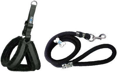 THE DDS STORE Heavy Duty Dog Leash Stylish Nylon Rope Leash with Soft Fur Nylon Harness Set Dog Harness & Leash(Large, Black)