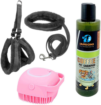 Jainsons Pet Products Ultimate Dog Care Kit 1.0 inch Collar, Bath Brush & Coffee Shampoo 200ml Dog Harness & Leash(Medium, BLACK)