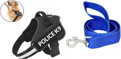 Breedo Dog Police K9 Harness Body Belt Padded With Leash | Adjustable Strap Dog Harness & Leash(Large, Black,Blue)