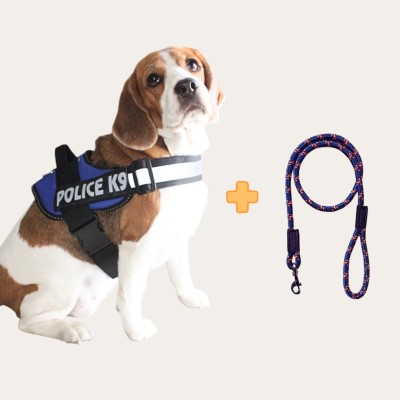 IAmPet Chest Body Police K9 Belt Adjustable Dog Collar & Leash Reflective Hook & Strap Dog Training Harness(Large, Blue)