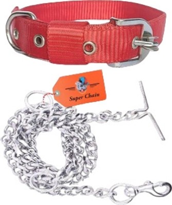 SUPER CHAIN Dog Belt Combo Nylon Collar with Heavy Chain Leash Dog Collar & Leash(Large, Red)