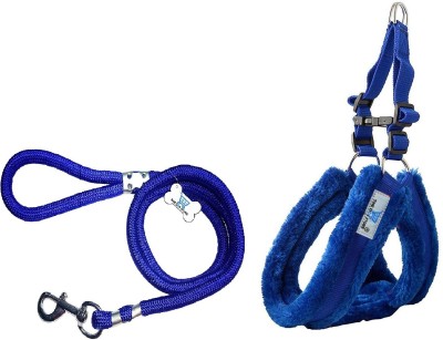THE DDS STORE Heavy Duty Dog Leash Stylish Nylon Rope Leash with Soft Fur Nylon Harness Set Dog Harness & Leash(55 - 76 cm, Blue)