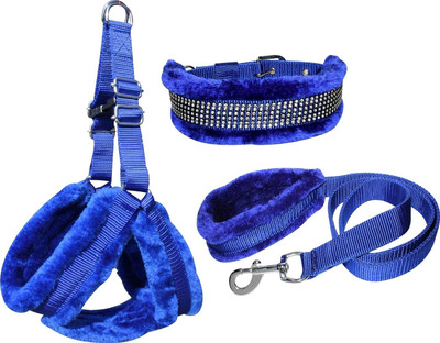 PETSPOPULAR Blue Fur Adjustable Harness Collar & Leash Combo Dog Collar & Leash(Large, Blue)