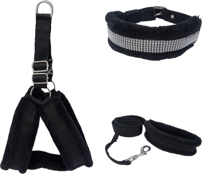 S K Leather Dog Belt Combo of 1 inch Spike Fur Padded Red Dog Harness with Dog Collar & Leash Specially for Medium Breed Dog Harness & Leash (Medium, Red Spike) Dog Harness & Leash(Small, Black)