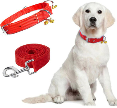 BBFLAMINGO Dog Bell Collar & Leash Combo Adjustable Nylon Set (Recommended for 24-35KG PET) Dog Collar & Leash(Large, Red)