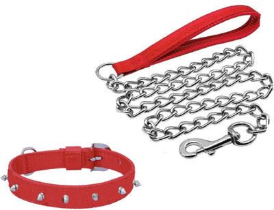 Quickato Good Quality Dog Belt Combo of Red Nylon Spike Collar with Dog Handle Chain Dog Collar & Chain(Medium, RED)