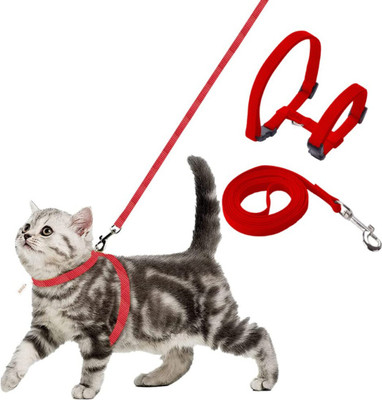 Buraq Cat Harness Full Body With Leash Set - For Walking | Escape Proof Cat Buckle Harness(Medium, RED)