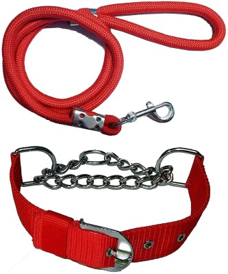 Hundur Store Adjustable Combo of Nylon Choke Collar 1.25 inch with Rope Leash Dog Collar & Leash(Large, Red)