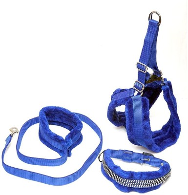 Hundur Store Fur Padded Nylon Harness with Leash Strong Soft and Comfortable Collar Set Dog & Cat Harness & Leash(Small, Blue)