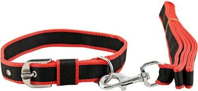 SUN LEATHER Dog Collar & Leash(Medium, BLACK AND RED)