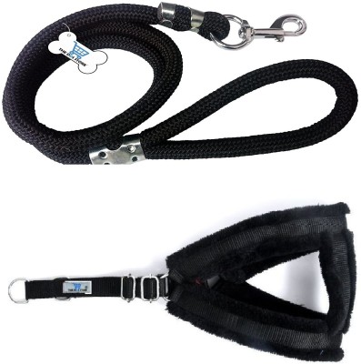 THE DDS STORE Heavy Duty Dog Leash Nylon Rope Leash with Soft Fur Nylon Harness Set s-2 Piece Dog Harness & Leash(55 - 76 cm, BLACK)