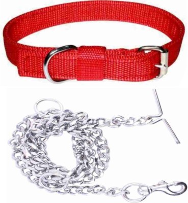 DRK Shop Mart Dog Belt Combo for Large Dogs Dog Collar & Chain(Large, red)