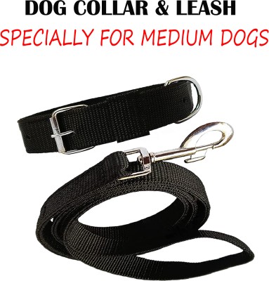 WROSHLER Adjustable nylon 1 inch Dog collar & leash Specially for medium dogs Dog Collar & Leash(Medium, BLACK)