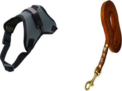 Daviloss Paws Medium Adjustable Neck 20-26 inch Chest Size 25-32 No Pull Reflec Leather Leash Dog & Cat Buckle Harness(Medium, Grey)