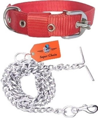 SUPER CHAIN Dog Belt Combo Nylon Collar with Heavy Chain Leash Dog Collar & Chain(Small, Red)