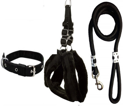 SENAPATI Combo Dog Fur Harness Belts Neck Collar and Rope Set (Waterproof) Dog Collar & Leash(Medium, Black fur)