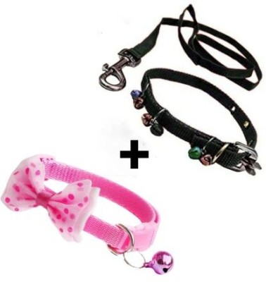 DRK Shop Mart Dog Collar leash Set Adjustable Nylon Ghungroo collar Leash &BowTie -cat ,Puppy Dog Collar & Leash(Small, Black, Pink)