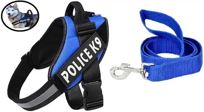 Breedo Dog Police K9 Harness Body Belt Padded With Leash | Adjustable Strap Dog Harness & Leash(Medium, Blue)